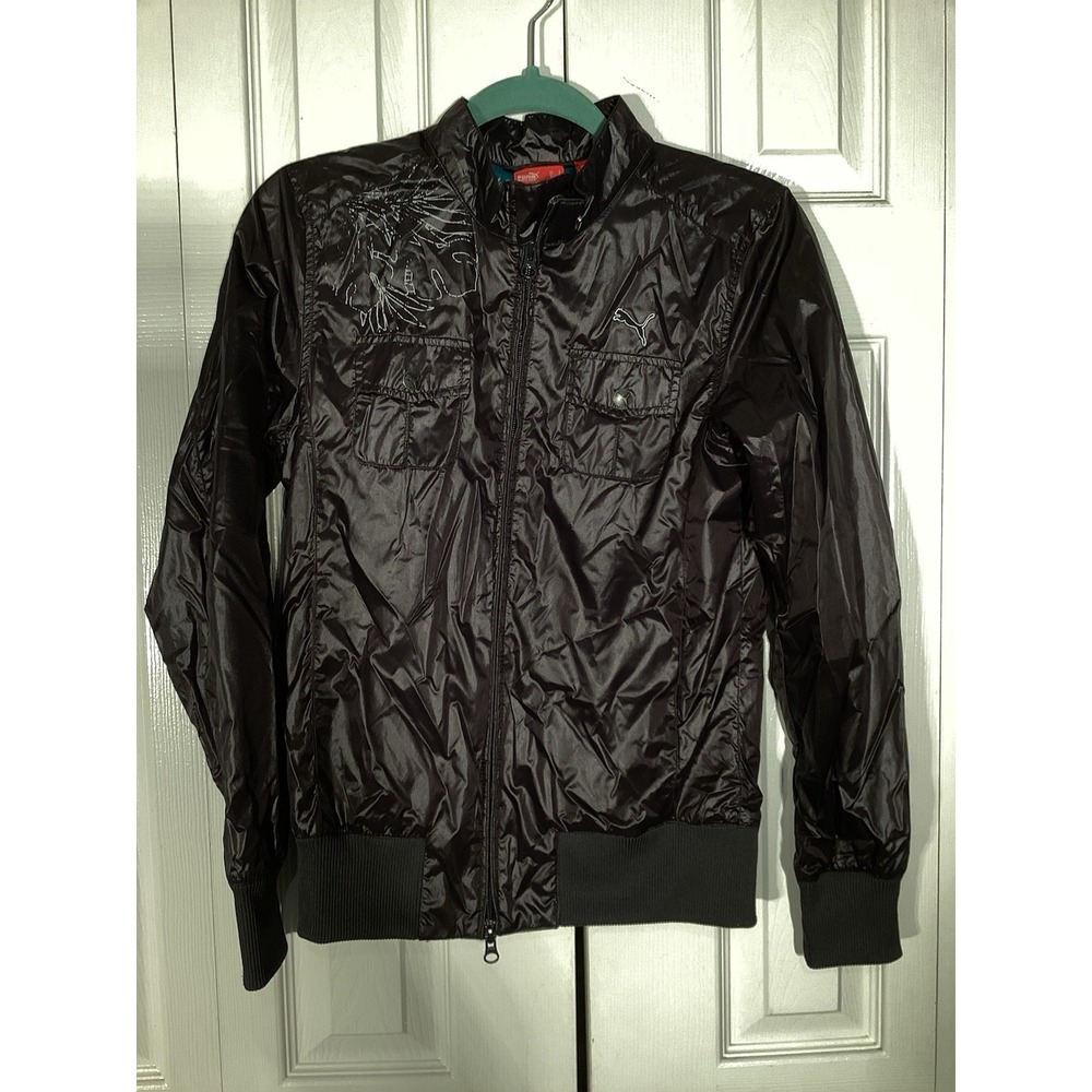 Puma Black With Green Teal Tropical Inside Lightweight Windbreaker Jacket Size S
